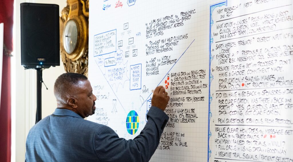 A participant indicates their interest in a topic with a red dot